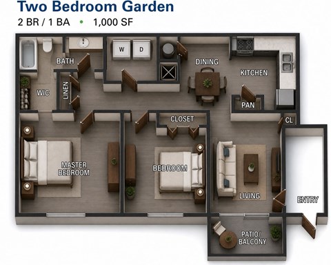 Floor plan for 2 beds, 1 bath, 950 sqft